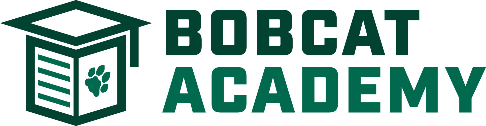 Bobcat Academy logo featuring book and graduation cap