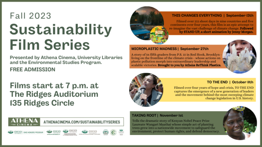 Advertisement for the Fall 2023 Sustainability Film Series