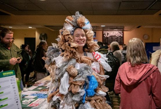 OHIO Senior Elle Dickerman in a head-to-toe suit made of plastic bags