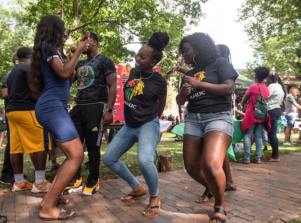 The African Student Association Undergraduate Chapter dances during the 2019 Involvement Fair. Photo by Hannah Ruhoff