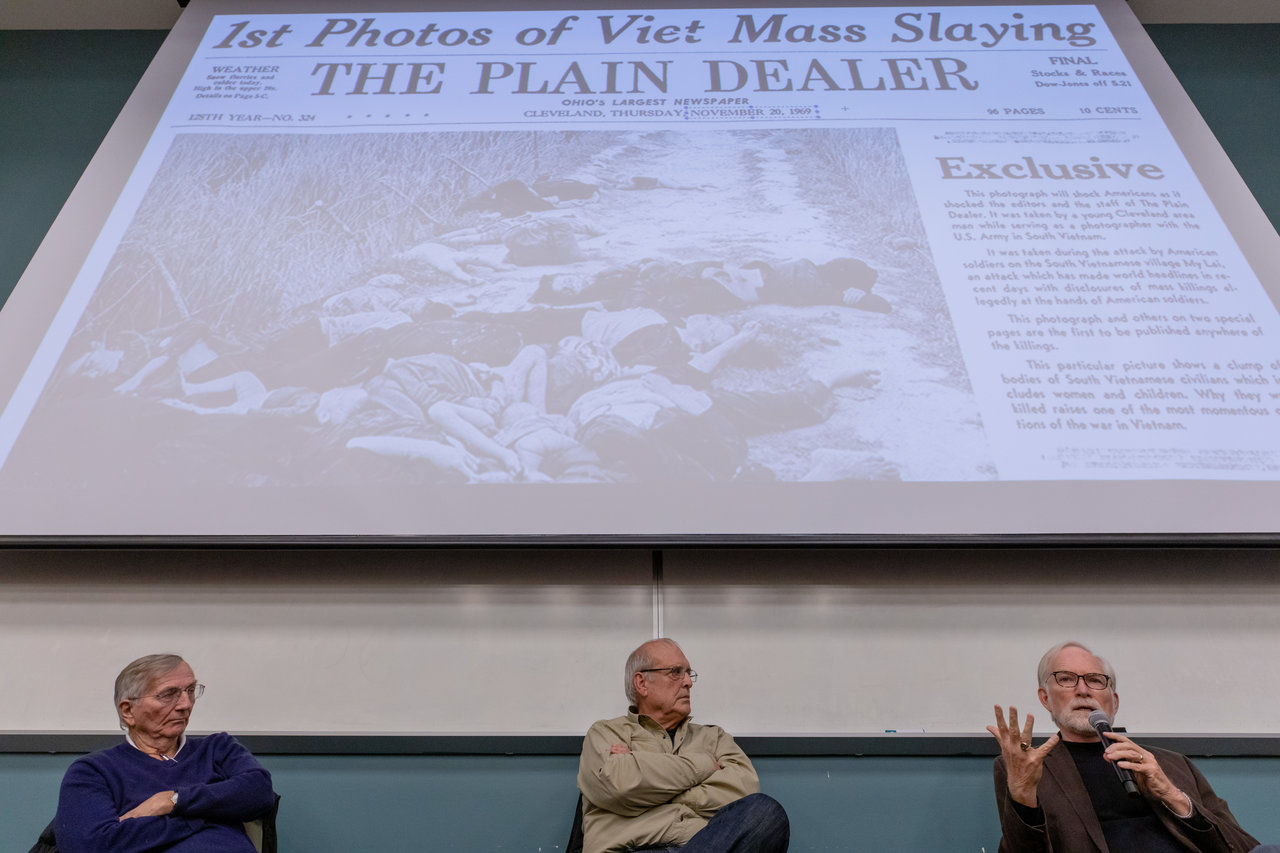 From left: Seymour Hersh, Ron Haeberle and David Crane address students, faculty and community members. Photo by Carlin Stiehl