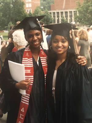Janelle Coleman, BSJ ’95, is pictured at Ohio University’s Spring 1995 Commencement ceremony with her best friend and fellow Bobcat alumna Tammie (Strickland) Irvin, BBA ’95. 