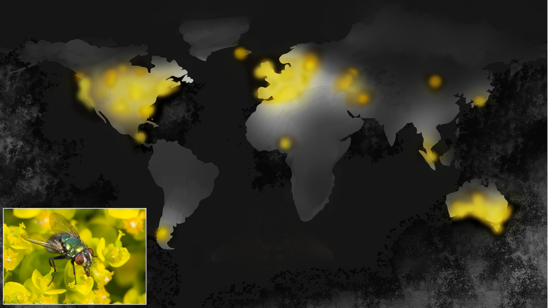 Dark map of world with yellow spots 