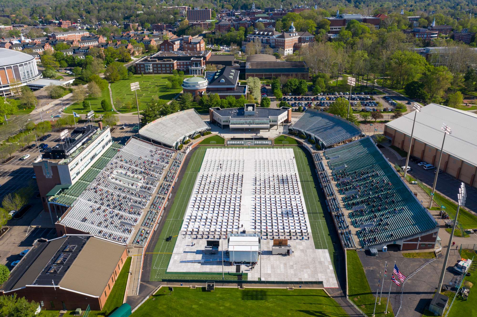 An aerial view of the Ohio University Peden Stadium where the 2021 Spring Commencement ceremony was held