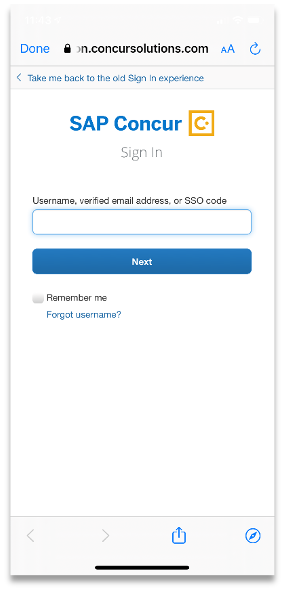 Concur mobile login screen