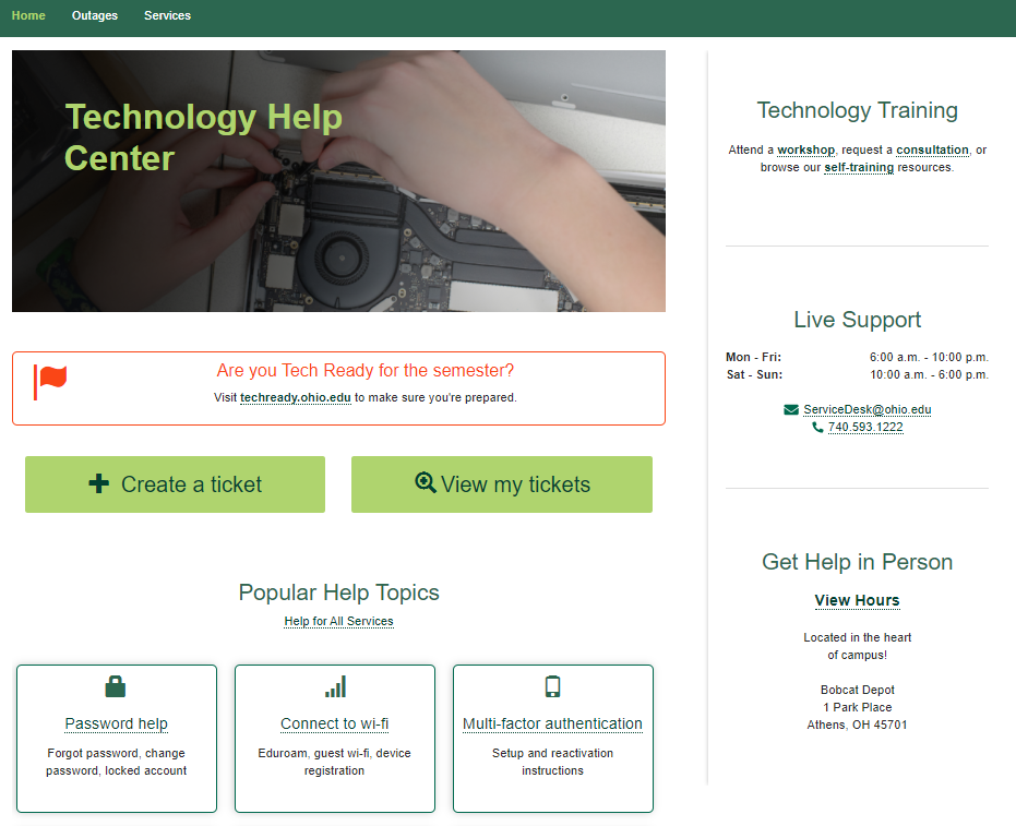 A screenshot of the Technology Help Center