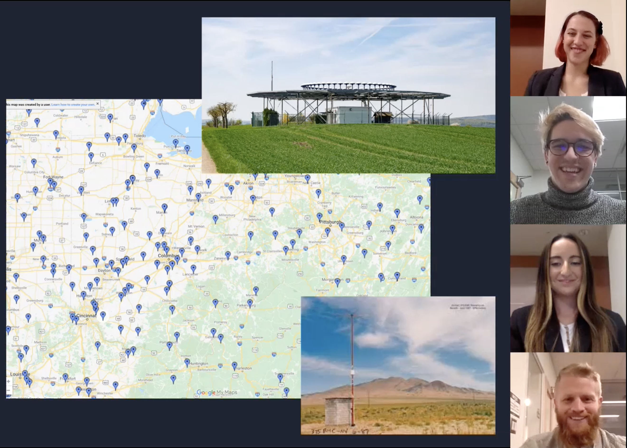 A screenshot of a presentation with images of a map of Ohio, along with images of land, with four webcam sections  showing four students in the corner.