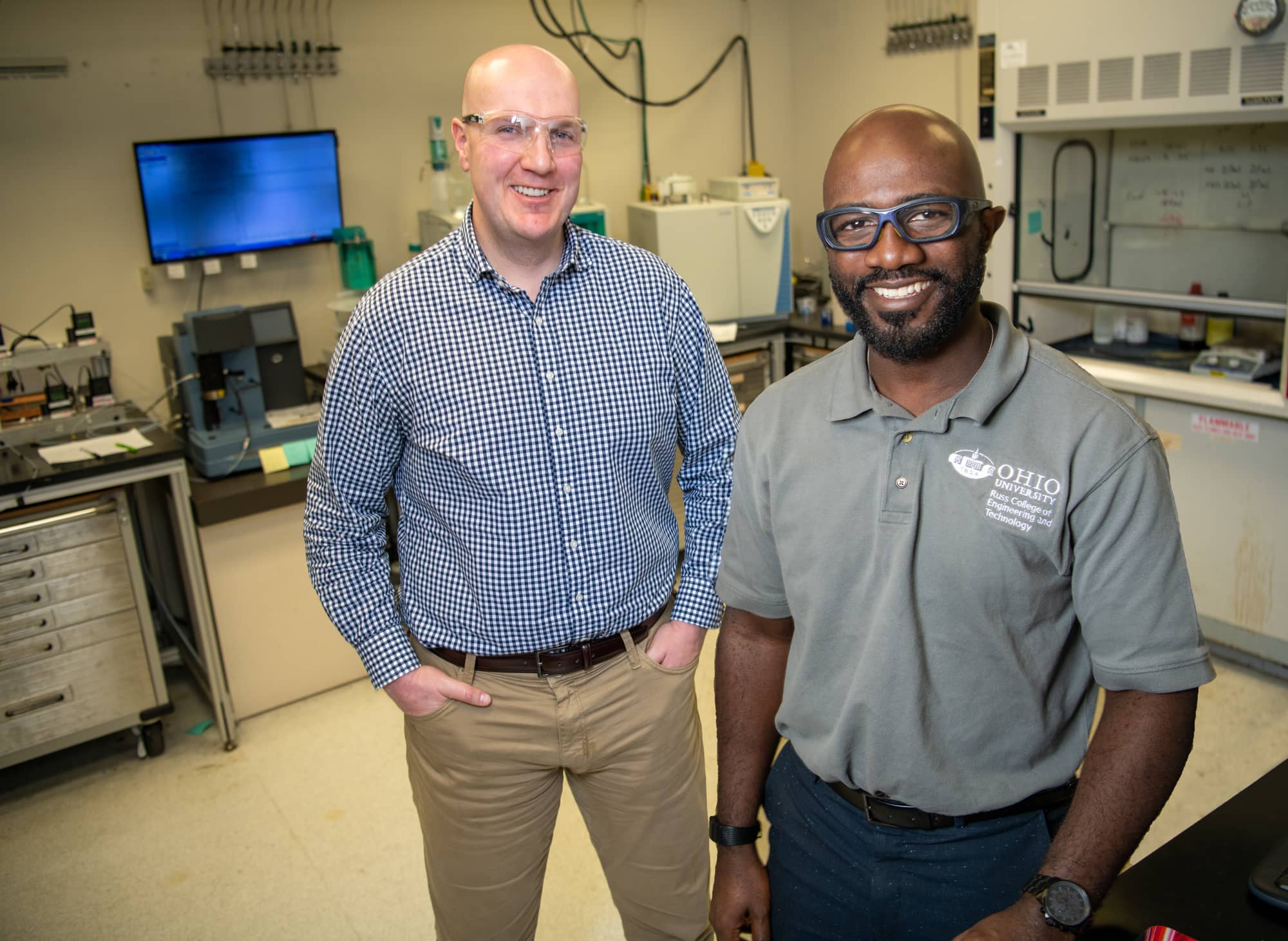 Russ College of Engineering professors Jason Trembly, Ph.D., left, and Damilola Daramola, Ph.D., were recently awarded more than $1 million in grants to develop sustainable construction materials.