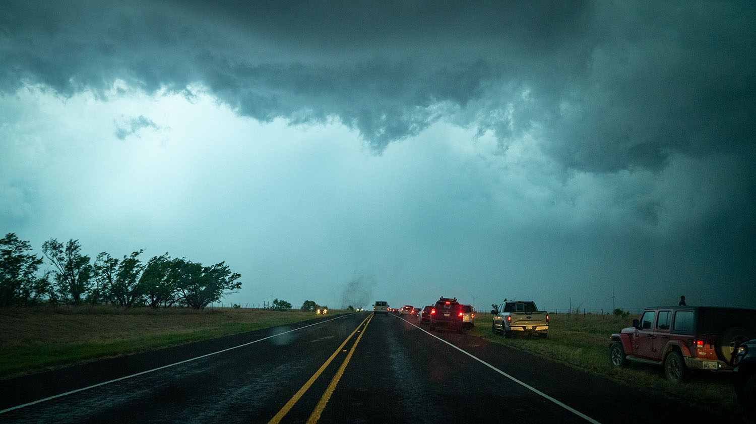 Storm chasers pulled off to the side of the road in Texas.