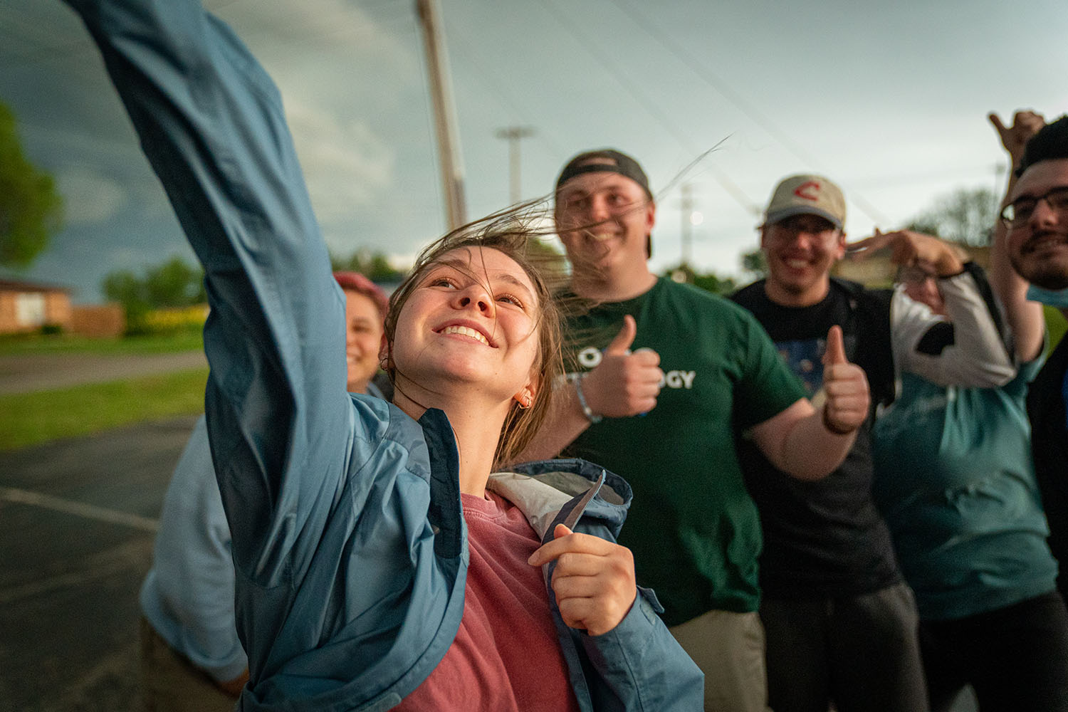 Ohio University meteorology students Emily Dietz (front), Hunter Uhl, Jacob Van Cleave, Adam Eckman, Sydney Walters and Nathan Kuhr take a selfie.