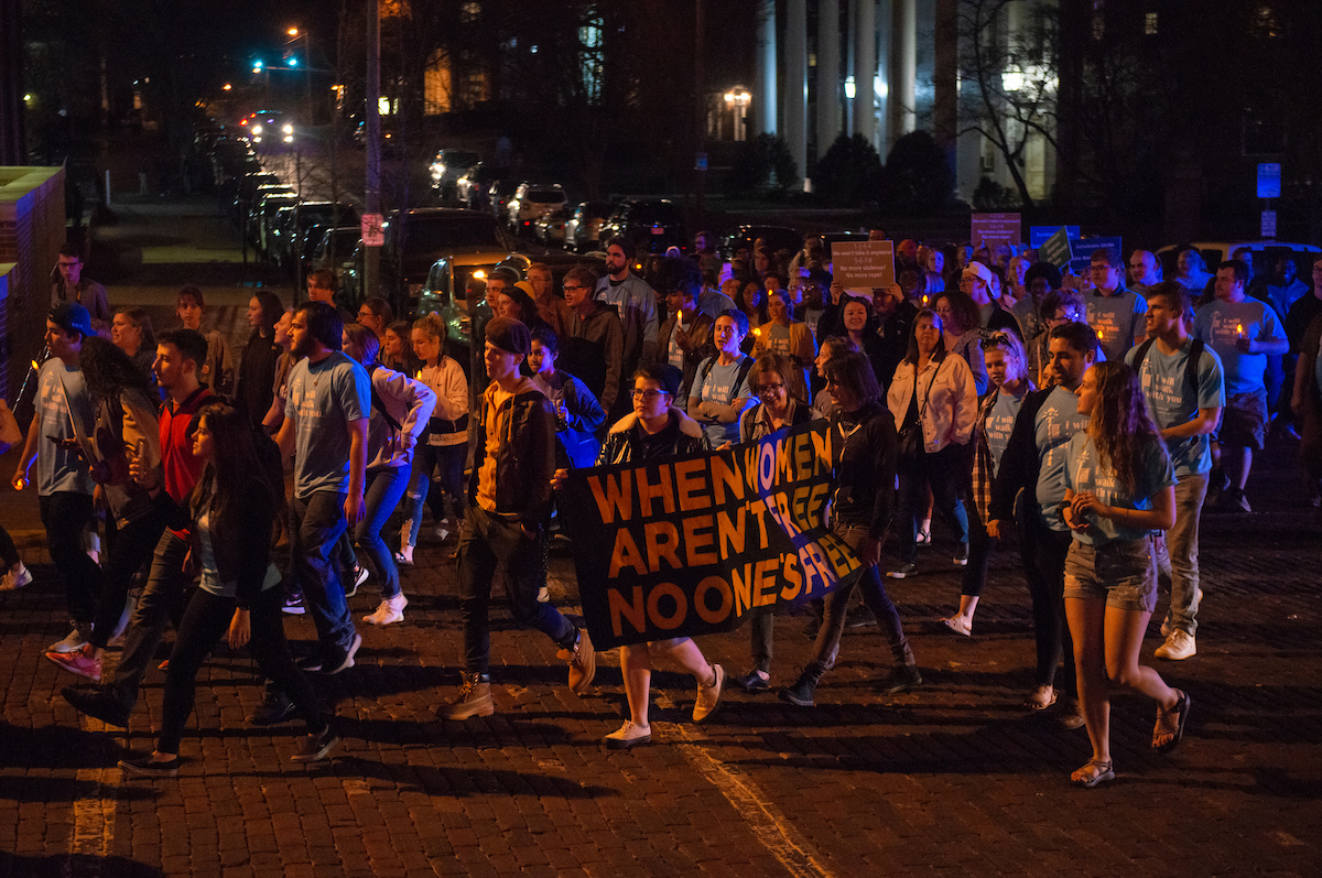 Participants march during the 2019 Take Back the Night rally.