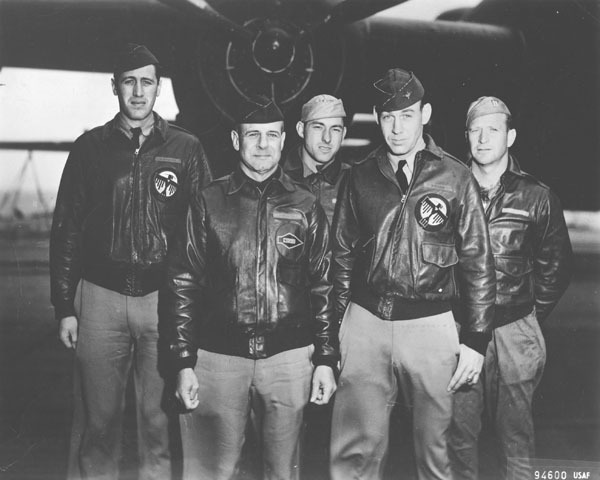 Lt. Henry A. Potter, navigator; Lt. Col. James H. Doolittle, pilot; Staff Sgt. Fred A. Braemer, bombardier; Lt. Richard E. Cole, co-pilot; and Staff Sgt. Paul J. Leonard, engineer-gunner