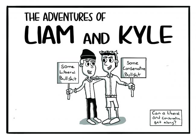 Cartoon image of two people and text that reads "The adventures of Liam and Kyle"
