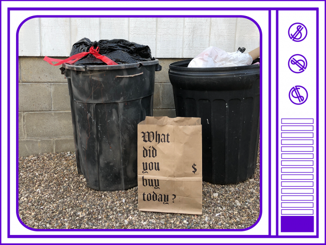 Trash cans with paper bag art inside a television-like border