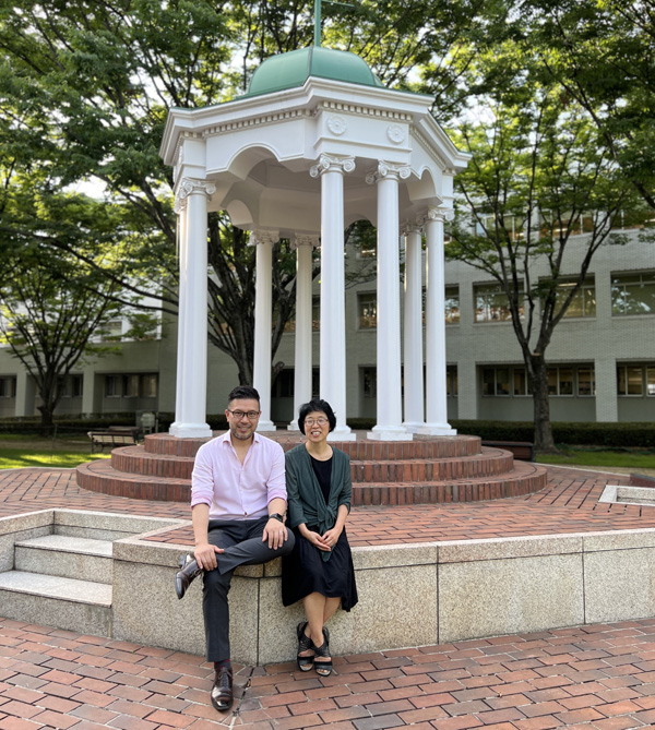 Dr. Yeong Kim with alumnus Hiroshi Tsutsui in front of the replica of Cutler Hall’s cupola, which OHIO donated to Chubu in 1993 to celebrate the 20th anniversary of the OHIO-Chubu partnership. Tsutsui earned his M.A. from the OHIO Latin American Studies and took Kim's course, GEOG 5290 World Economic Geography. He now works for Chubu University.