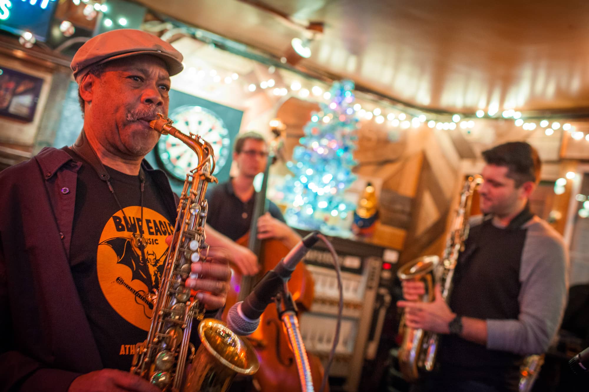 Photograph of the Word of Mouth band playing at Tony's Tavern on Dec. 15, 2015. They play every Tuesday night which is now being called "Jazz Night" by locals.