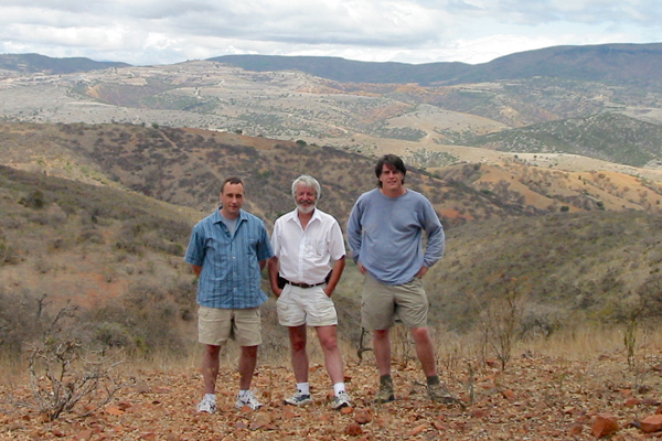 Damian with two former students, Dr. Brent Miller (Texas A&M) (left) and John Malone (Regional Operations VP, Key Energy Services) (right), revisiting the Acatlán Complex, Mexico, on a field trip in 2003.