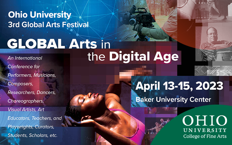 a collage of figures dancing, making film, and performing music with the text "global arts in the digital age"