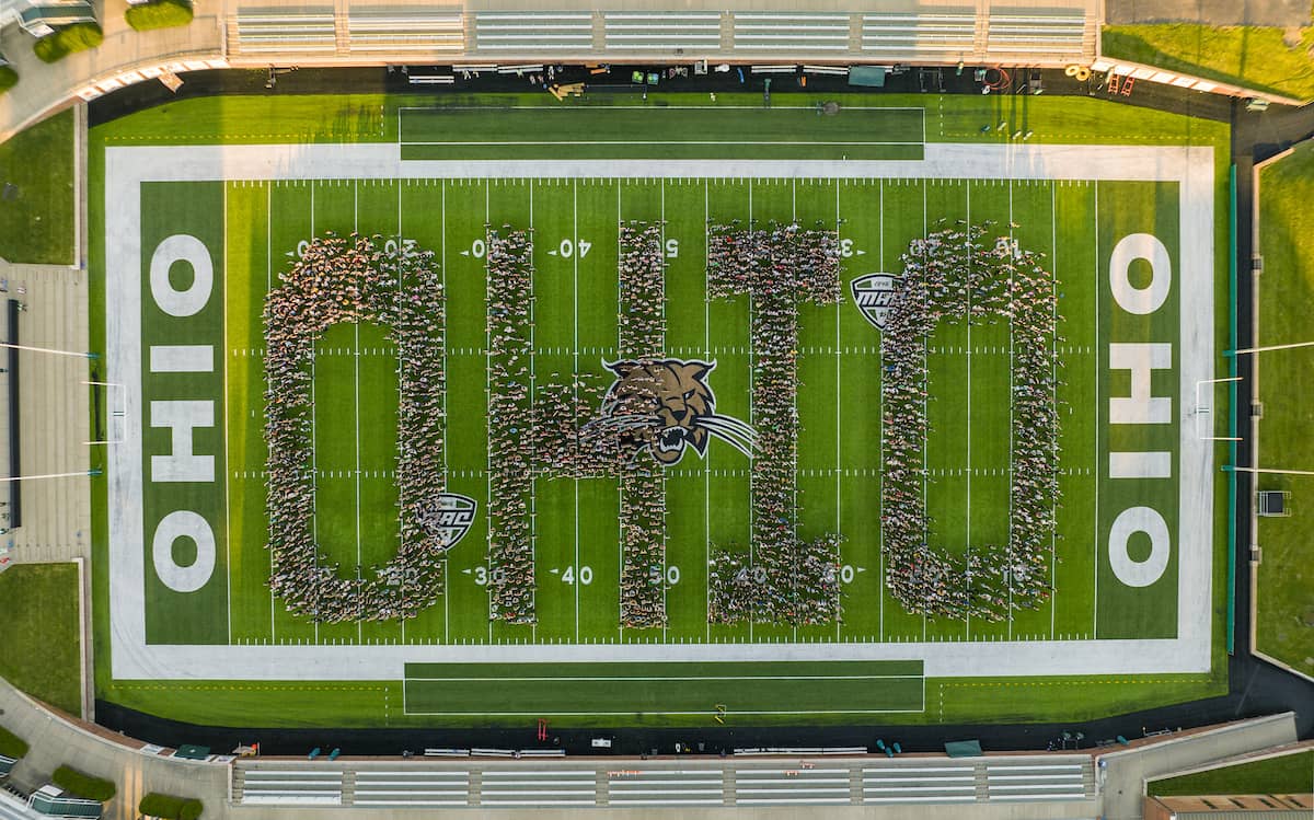 Arial shot of Ohio University football field with incoming class spelling "OHIO"