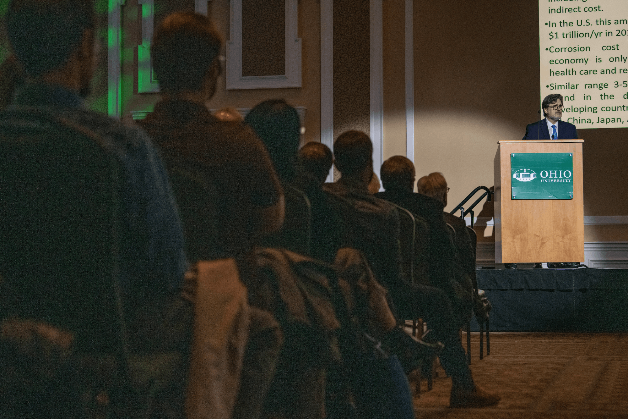 Srdjan Nesic, professor in the Russ College of Engineering and Technology and director of the Institute for Corrosion and Multiphase Flow Technology, gives his lecture during his Distinguished Professor Lecture and Portrait Unveiling in the Baker Ballroom in Athens, Ohio.
