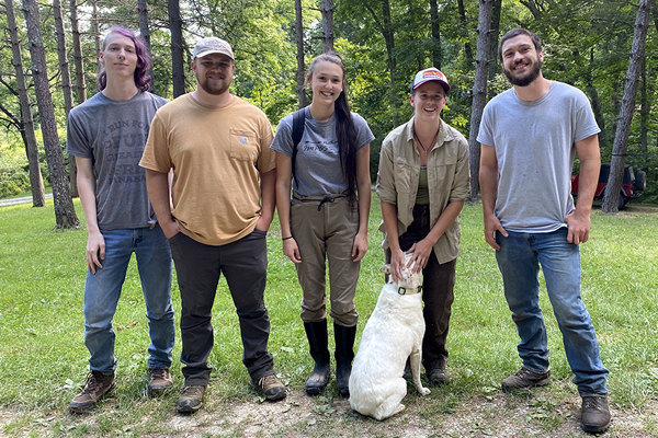 From left, Sam Riggs, Jacob Jackson, Ashlynn Canode, Marissa Dyck, and Chase Hull. These undergraduates worked with Dyck in the field gathering small mammals for carnivore research in OHIO on AEP ReCreation lands.