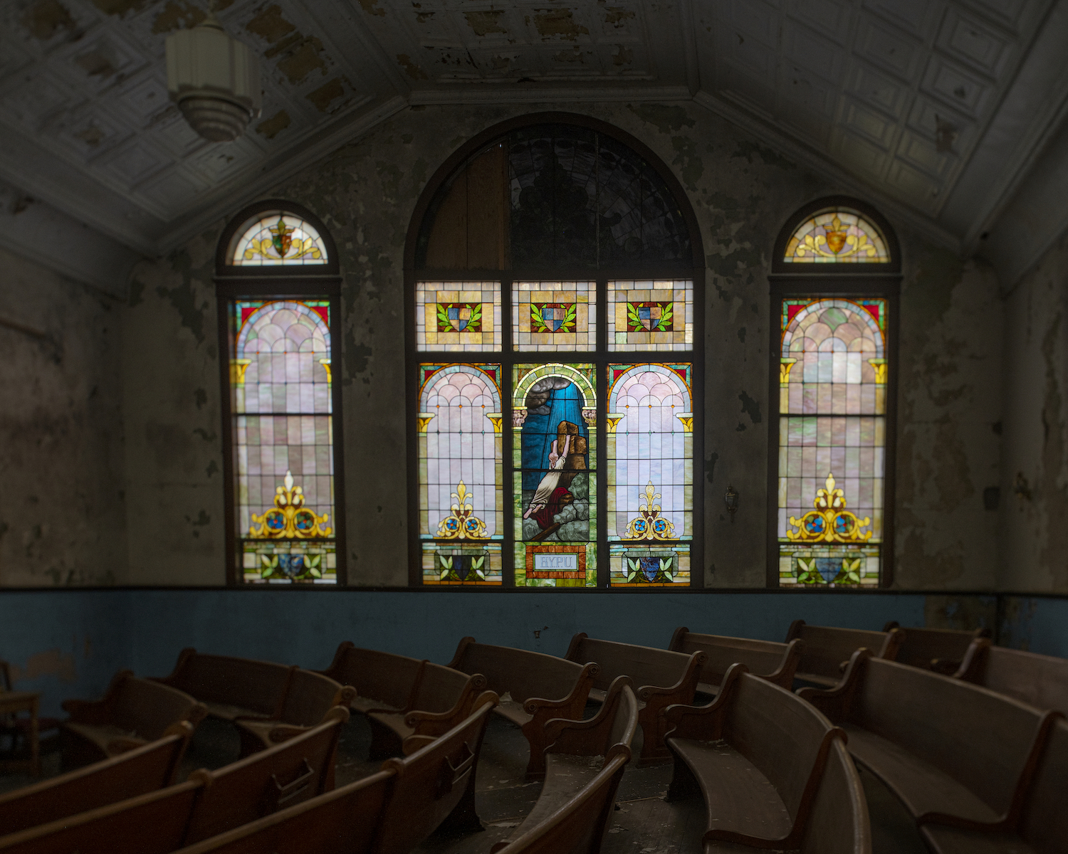 The windows of Mount Zion Baptist Church, the historic building stands at the intersection of Carpenter and Congress streets in uptown Athens as one of few remaining examples of Black American architecture in Southeastern Ohio.