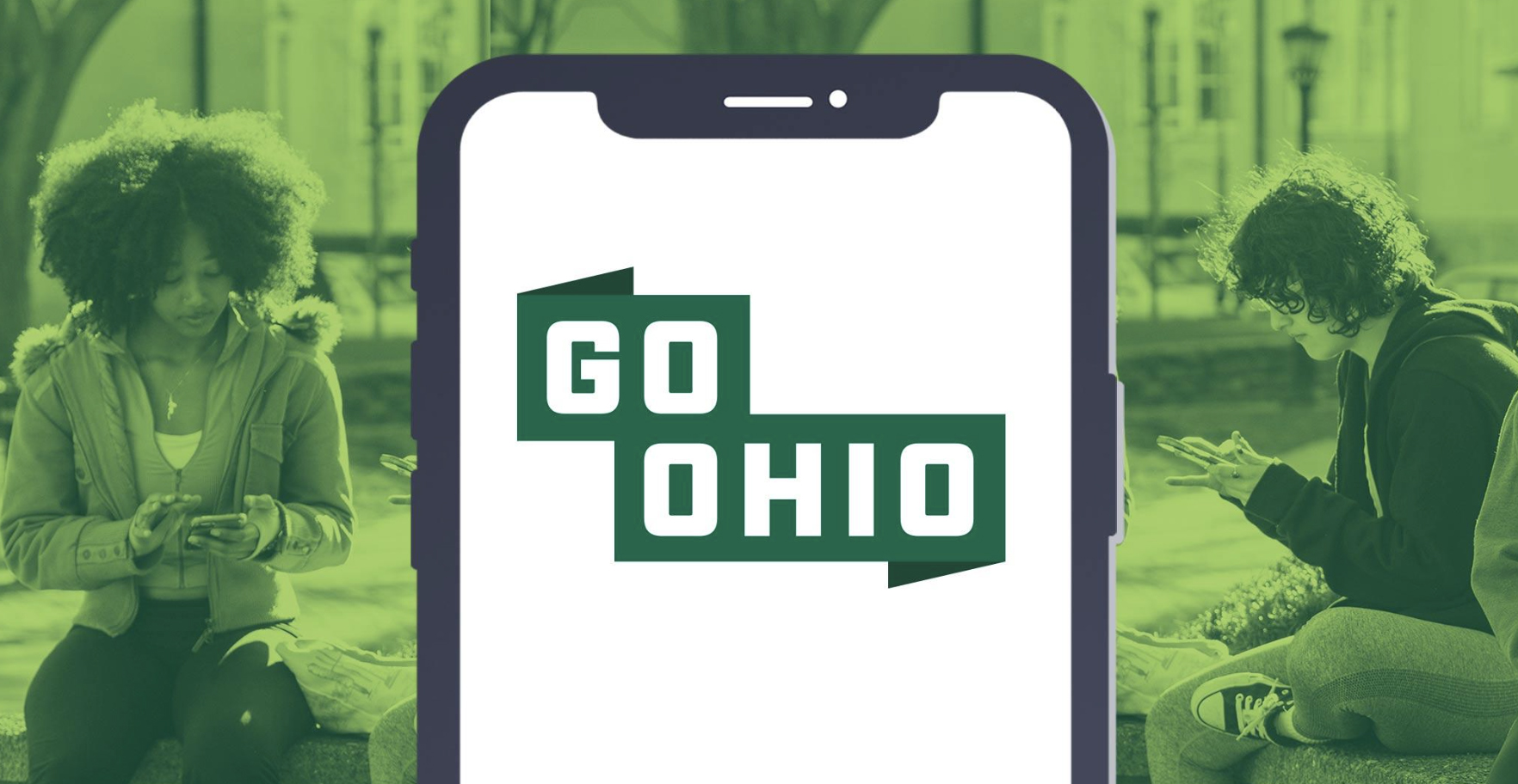 Image of phone with words "Go OHIO" atop a background photo of students
