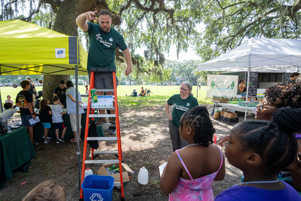Bringing the Science Down to Earth — Wyatt and Myers take their "road show" on gravity to a community Plant Saturday event during the American Society of Plant Biologist’s 2023 conference in Savannah, Georgia. Photo by Paul Abell, Abell Images