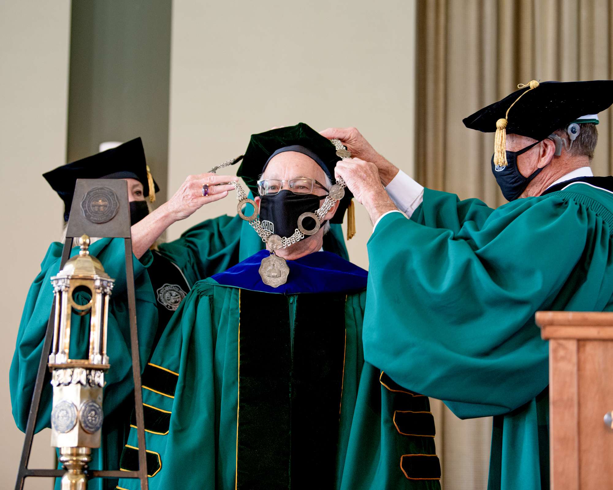 Dr. Hugh Sherman receives a medallion during his inauguration as 22nd President of Ohio University