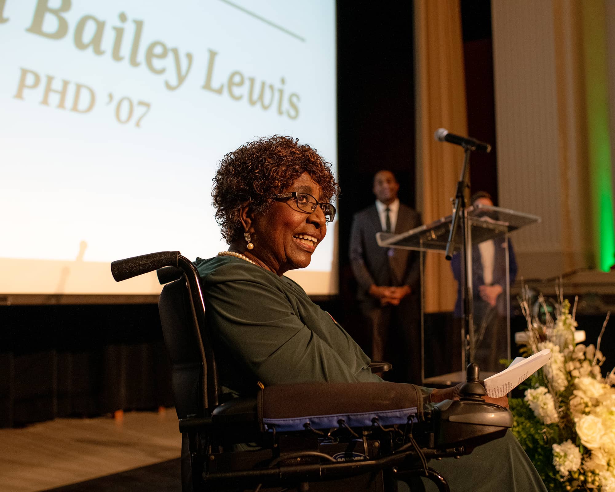 Alumni Carolyn Bailey Lewis, PHD ’07, Emert ’13 is awarded the Medal of Merit at the Alumni Awards Gala.