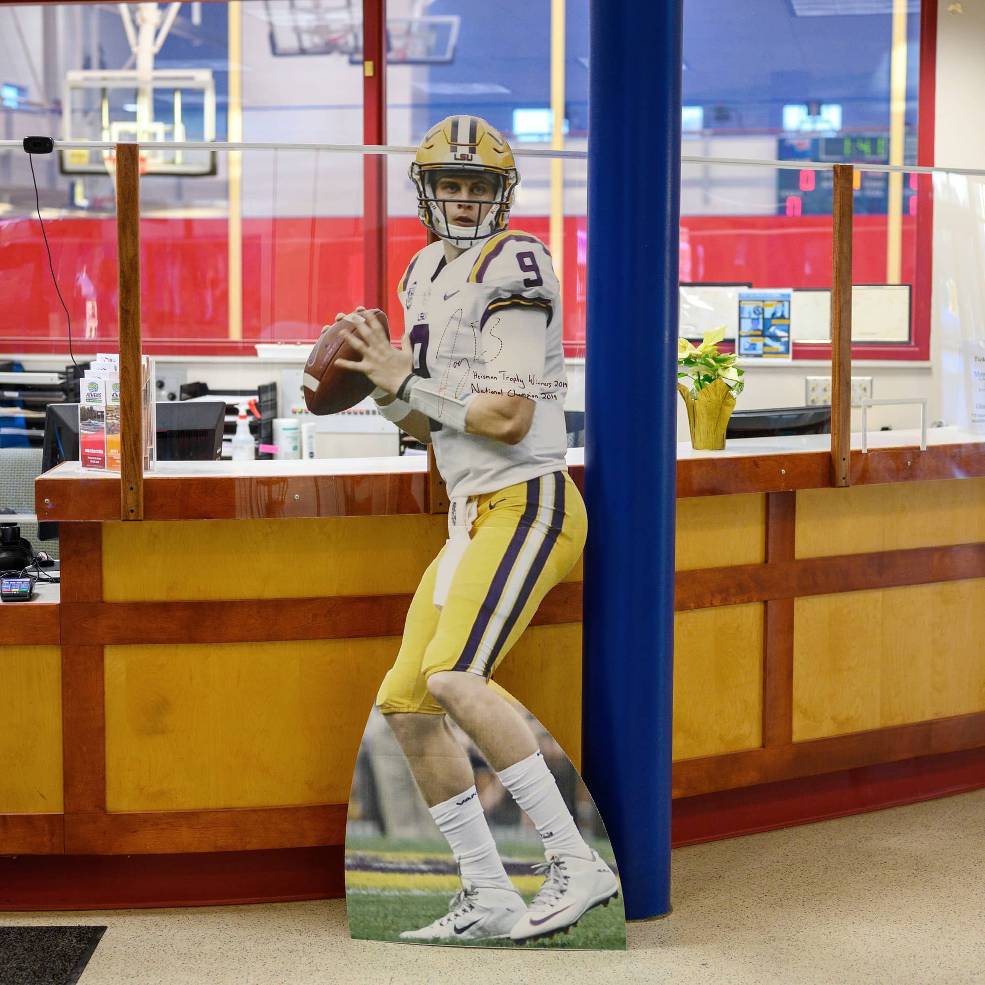 A cut out of Joe Burrow, baring his signature, is on display at the Athens Community Center.