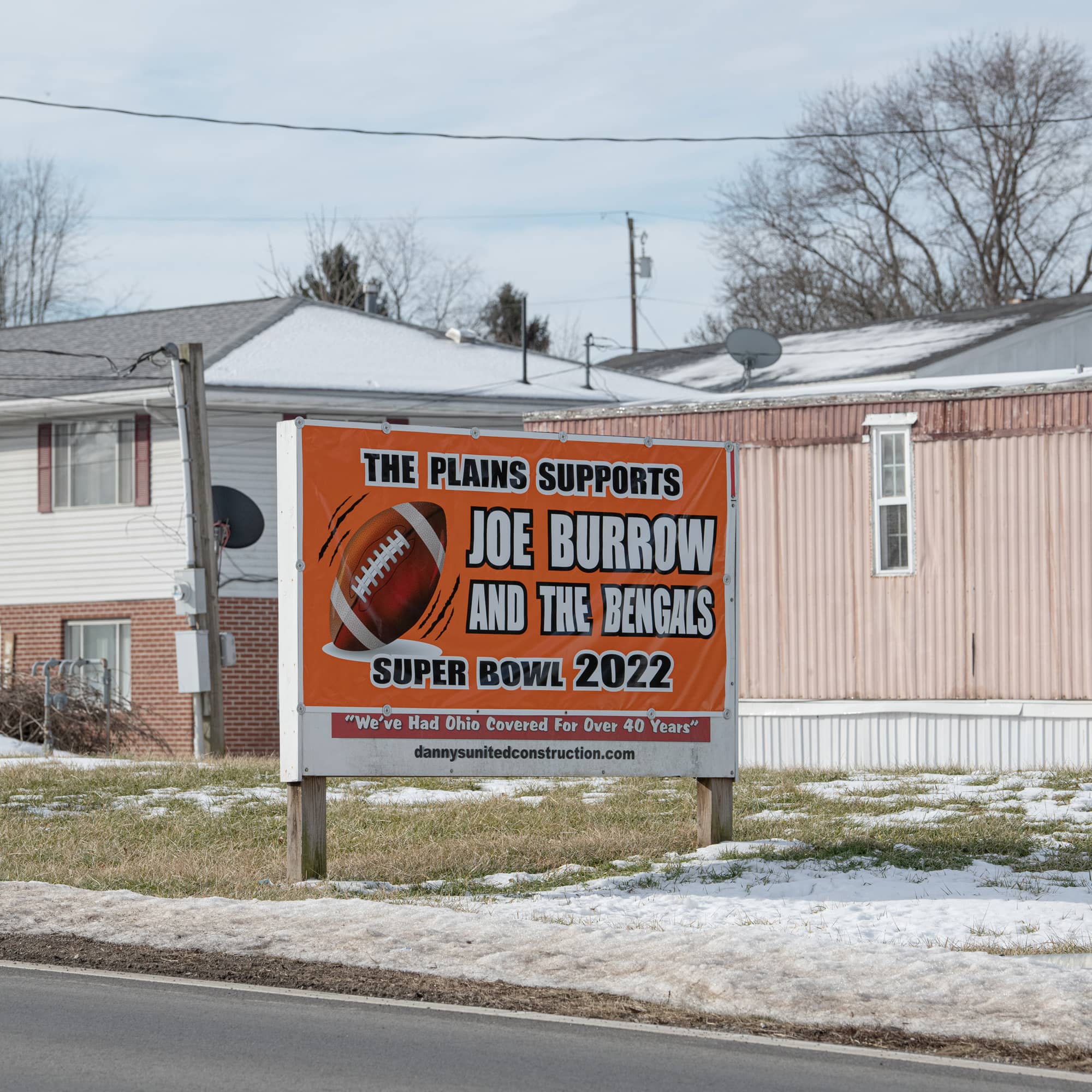 Sign that reads "The Plains supports Joe Burrow and Bengal's Super Bowl 2022"