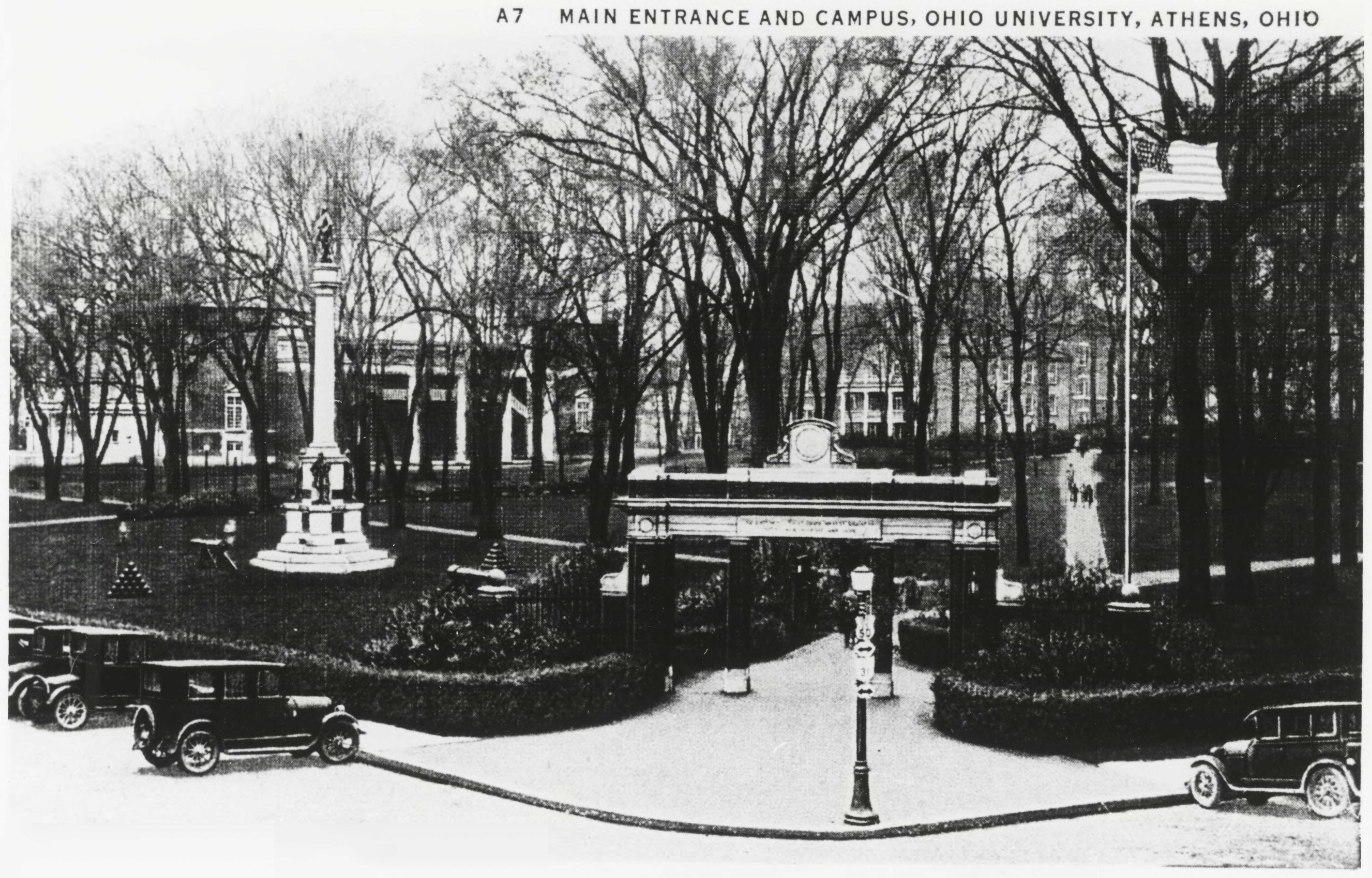 The Alumni Gateway, built in 1915, welcomed individuals to College Green. The monument and its cannons and cannonballs can be seen on the left in this photo circa the 1920s. Photo courtesy the Mahn Center for Archives & Special Collections