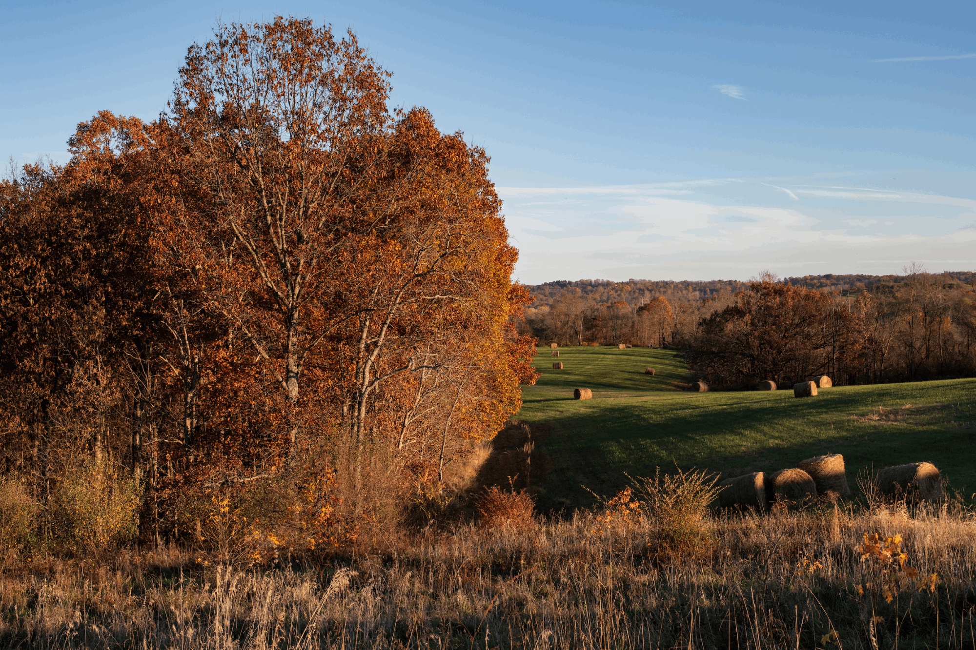 Hay bales are illuminated by the sunset near Radar Hill at the Ridges.