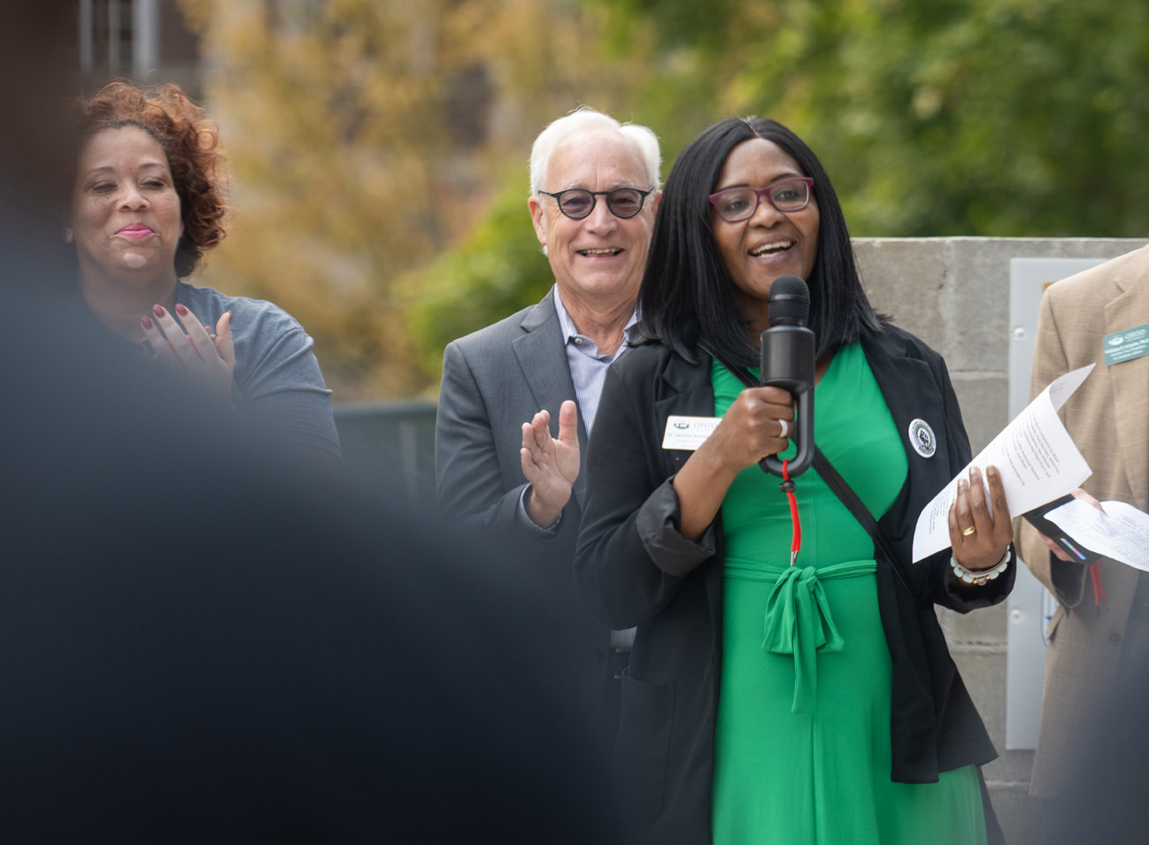 Dr. Salome Nnoromele, Interim Vice President for Diversity and Inclusion, speaks at the dedication of the National Pan-Hellenic Council Plaza on College Green.