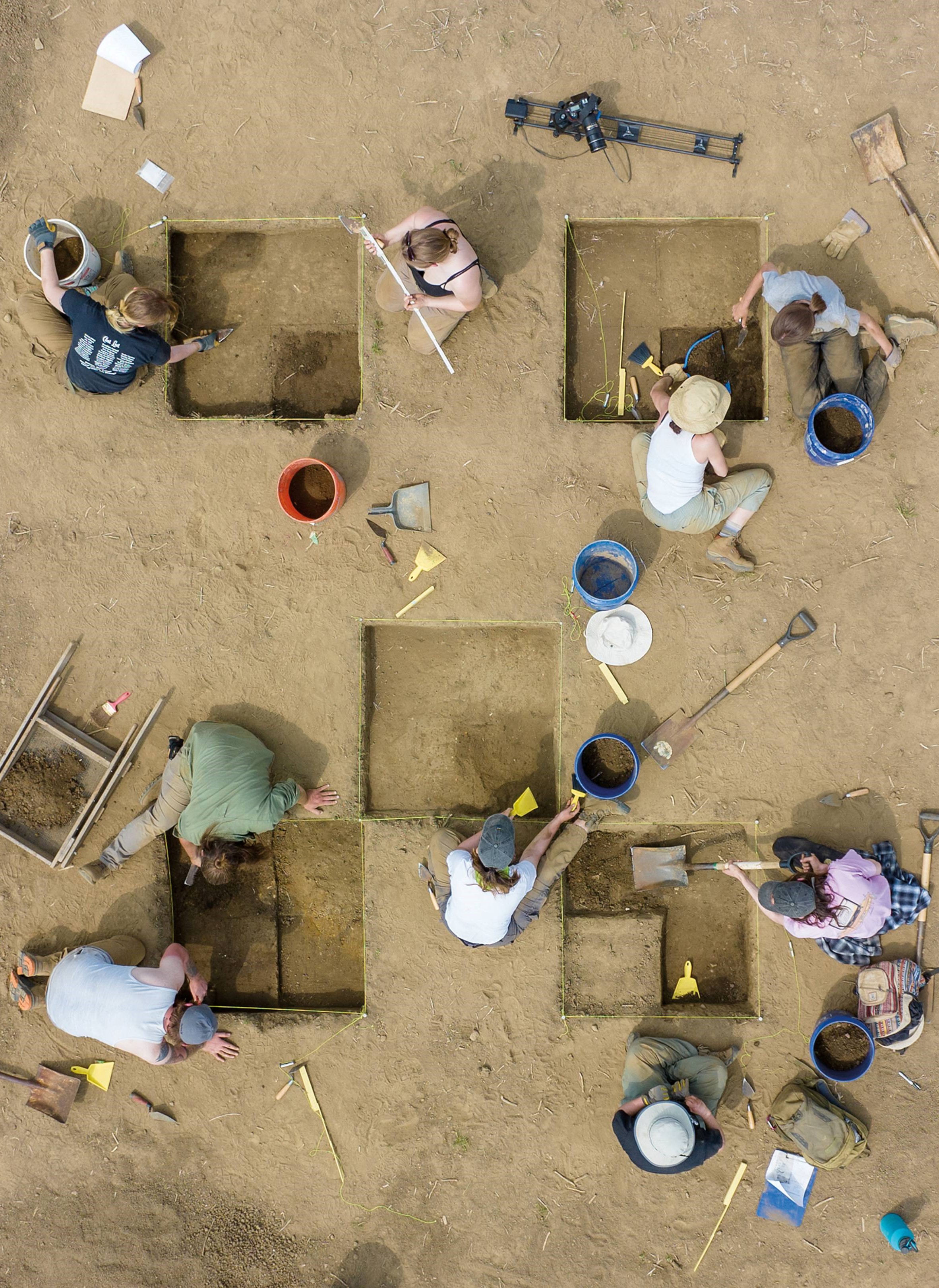 Undergraduate students excavate on a 13,000-year-old site near Lancaster.