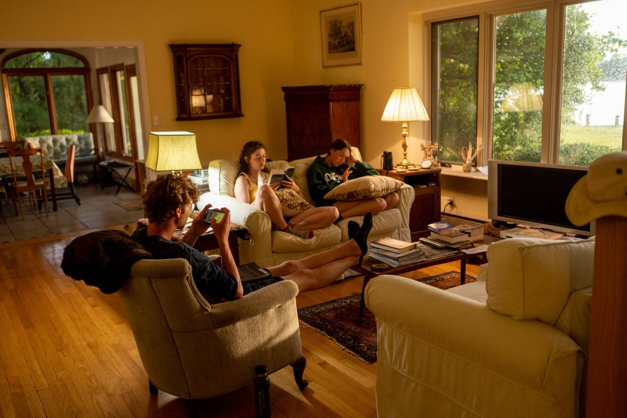 Students relax before dinner after a long day's work.