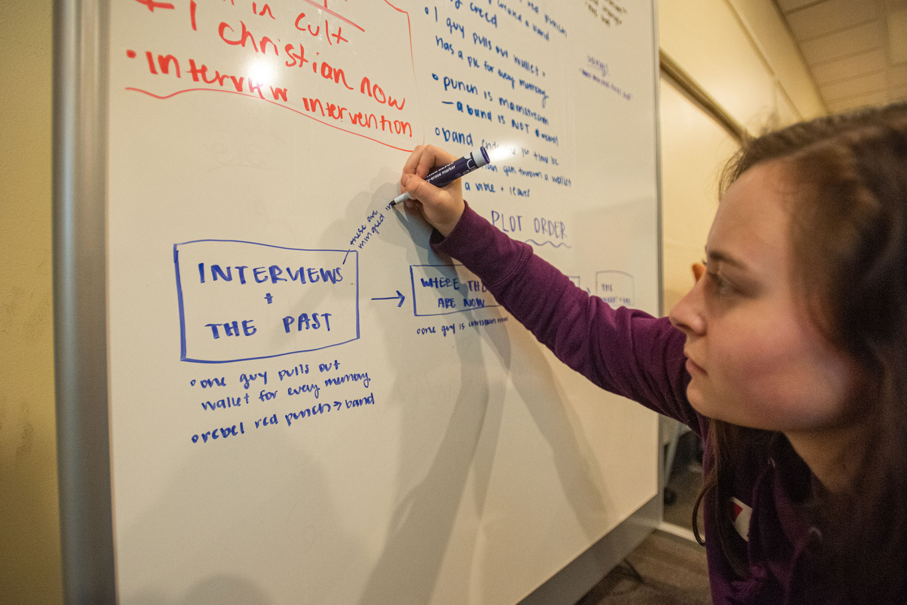 A woman writes on a whiteboard