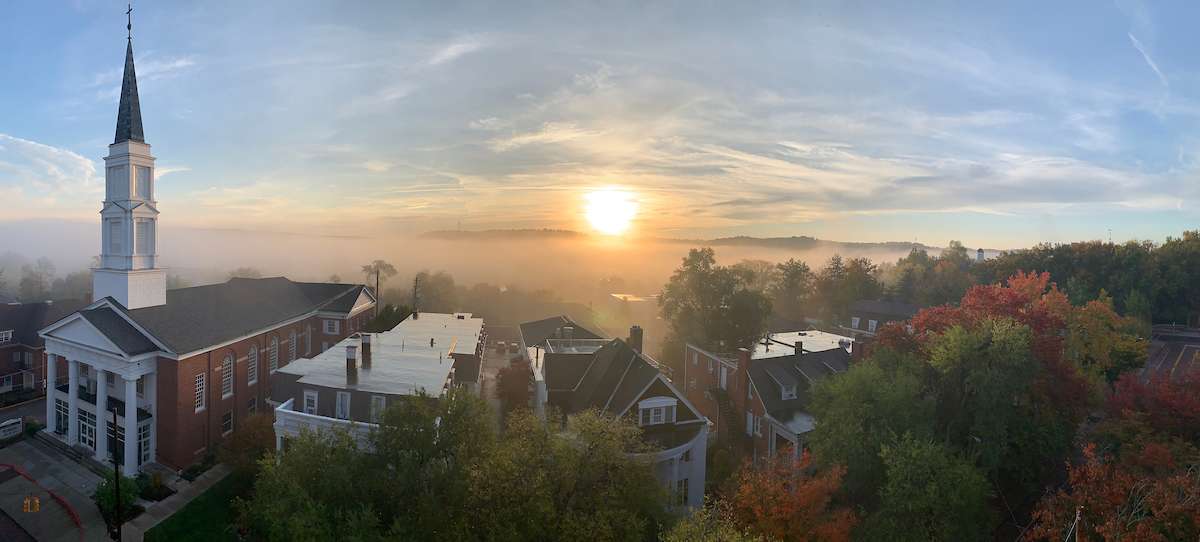 A sunrise over the hills that circle Athens campus South Green