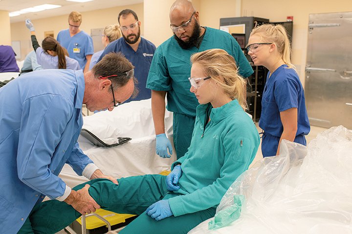 Medical students listen to an anatomy lesson in a lab