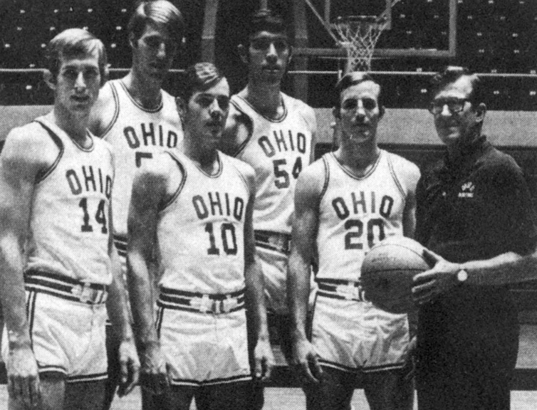 Ohio University Men’s Basketball Head Coach Jim Snyder, BSED ’41, poses with the five seniors on his team, including [SECOND FROM LEFT] Gary Wolf, prior to their last game inside the Convocation Center in March 1971. Photo courtesy of the Mahn Center for Archives & Special Collections