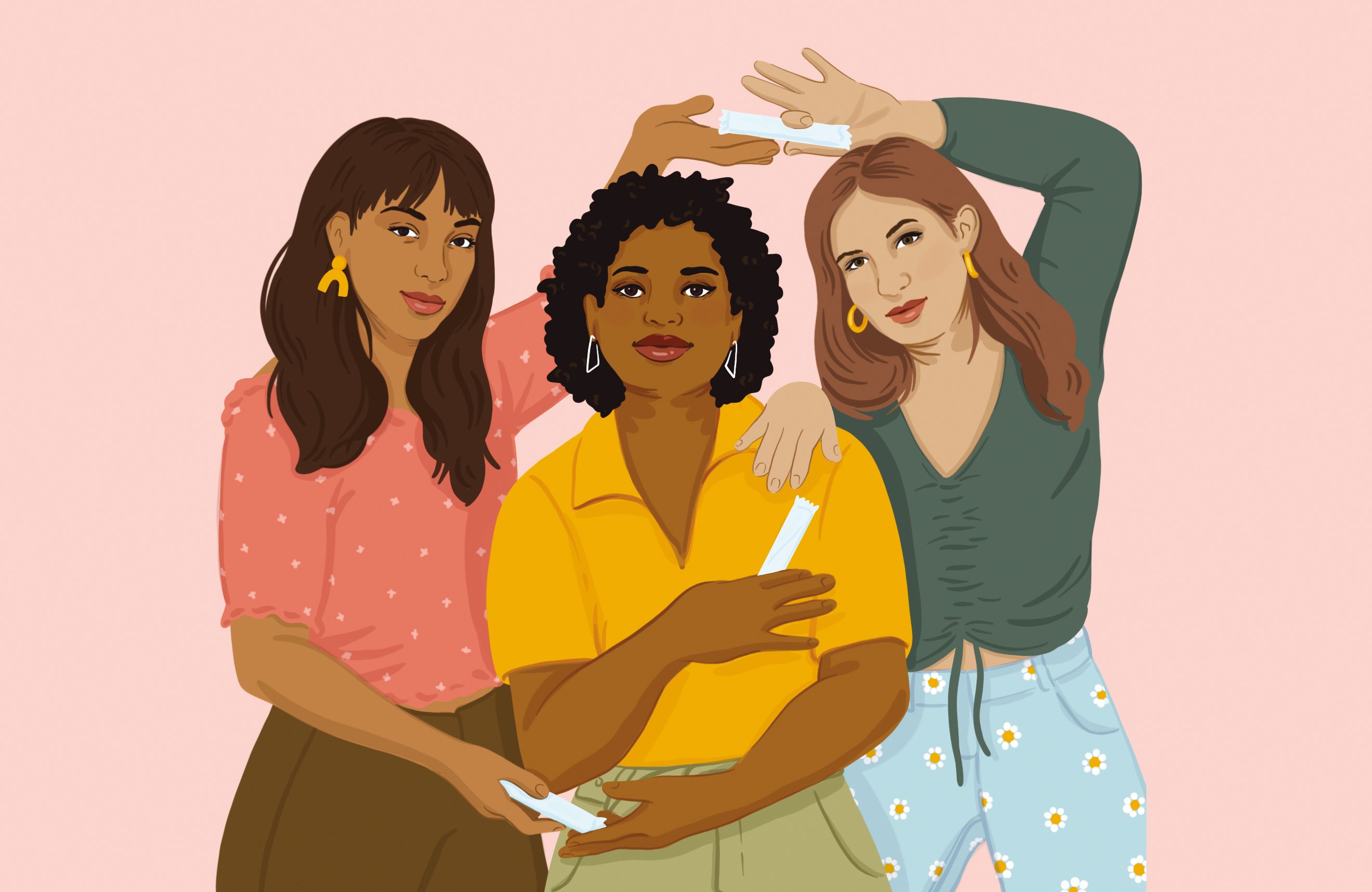 illustration of three women holding tampons