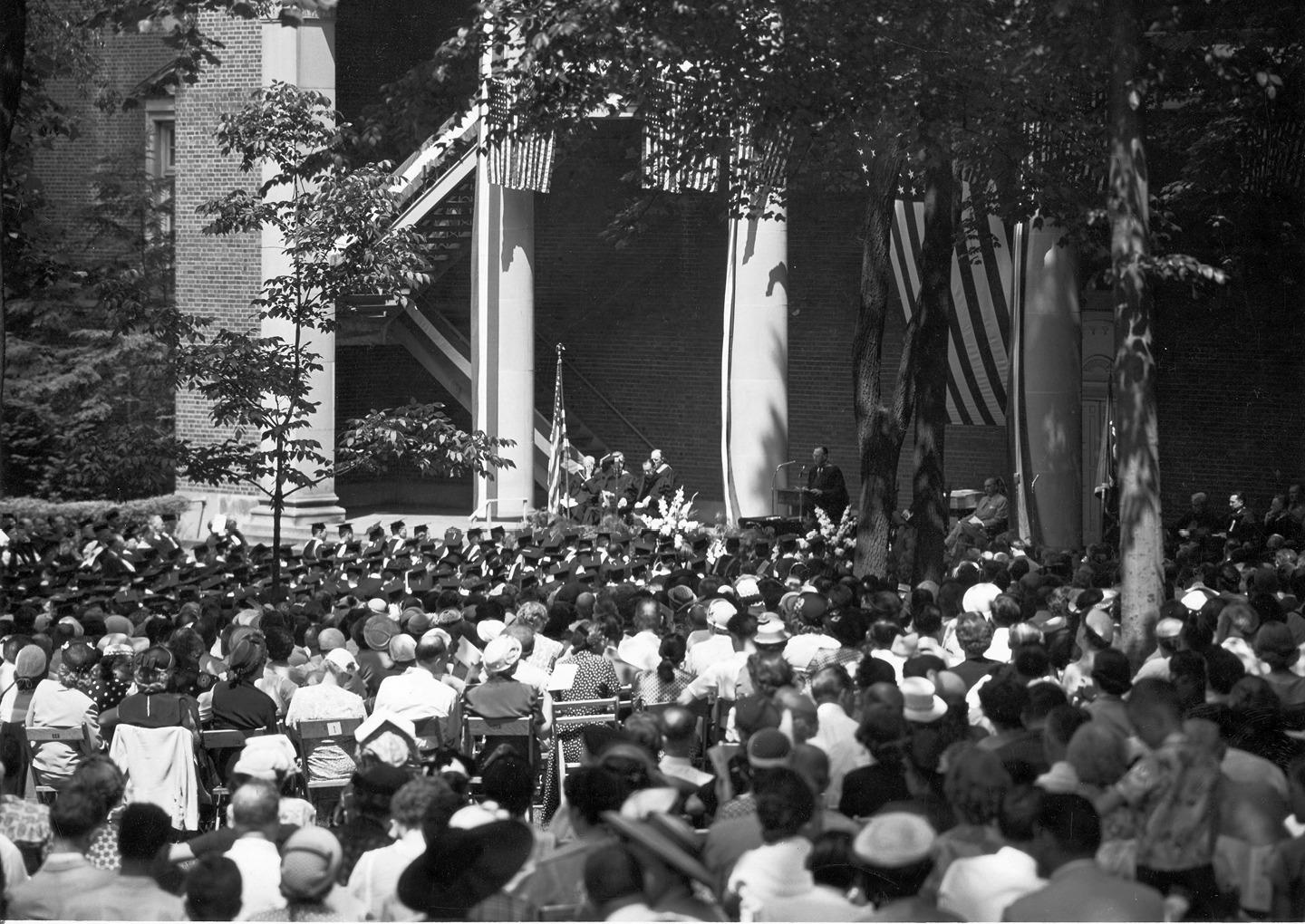 Templeton-Blackburn Alumni Memorial Auditorium’s West Portico hosted many OHIO graduation ceremonies, including the 1949 Summer Commencement pictured here. Photo courtesy of the Mahn Center for Archives and Special Collections