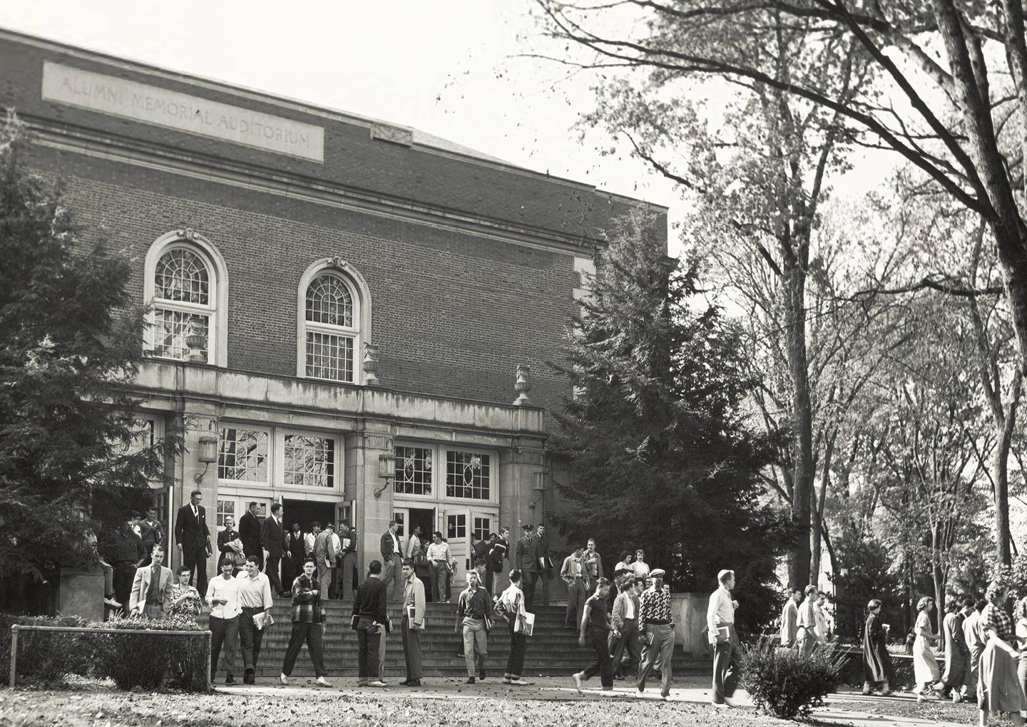 Known then as Alumni Memorial Auditorium, the building was a flurry of student activity in the late 1940s. Photo courtesy of the Mahn Center for Archives and Special Collections