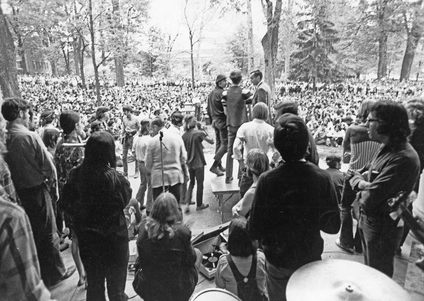 Many a student gathering – both in peace and protest – have taken place outside Templeton-Blackburn Alumni Memorial Auditorium. Photo courtesy of the Mahn Center for Archives and Special Collections
