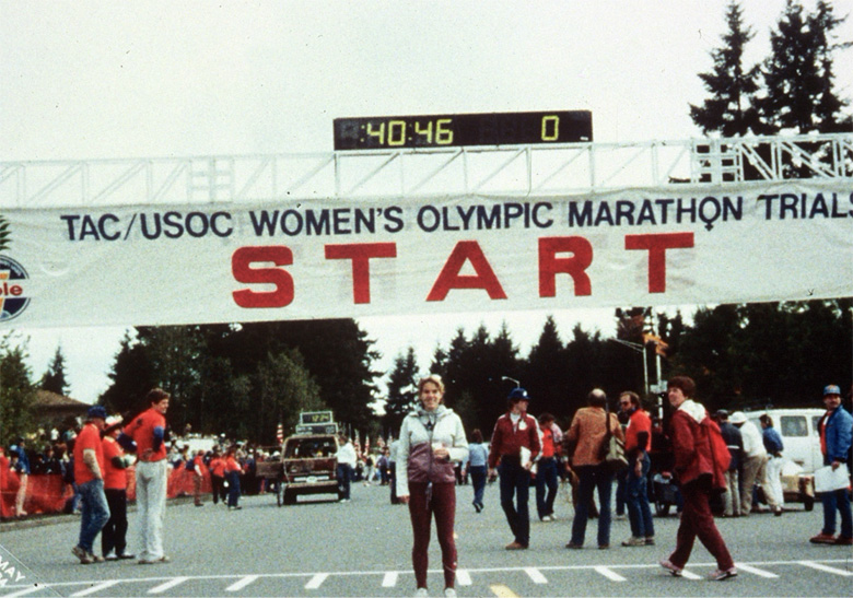 Dr. Kitty Consolo, associate professor of health sciences and recipient of the 2022 Ohio University Zanesville Outstanding Teacher Award, is pictured at the starting line at the trials for the 1984 inaugural women’s Olympic marathon. Photo provided by Kitty Consolo