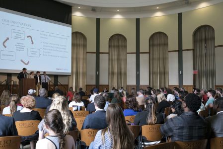 A team fields questions from the judges after presenting their pitch at the Scripps Innovation Challenge