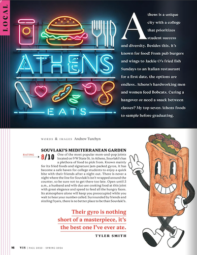 A spread from VIS magazine titled "Athens Eats," with illustrations of a neon sign and a cartoon gyro