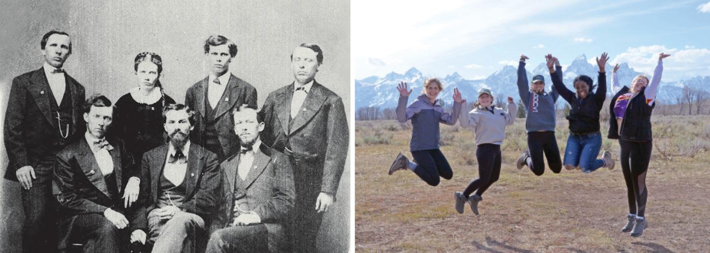 LEFT: Margaret Boyd, OHIO’s first female graduate, with her fellow Class of 1873 graduates. Image Courtesy of the Mahn Center for Archives & Special Collections. RIGHT: Margaret Boyd Scholars celebrate at the Teton Science Schools in spring 2019. Photo by Jennifer Shutt Bowie, BSJ ’94, MS ’99
