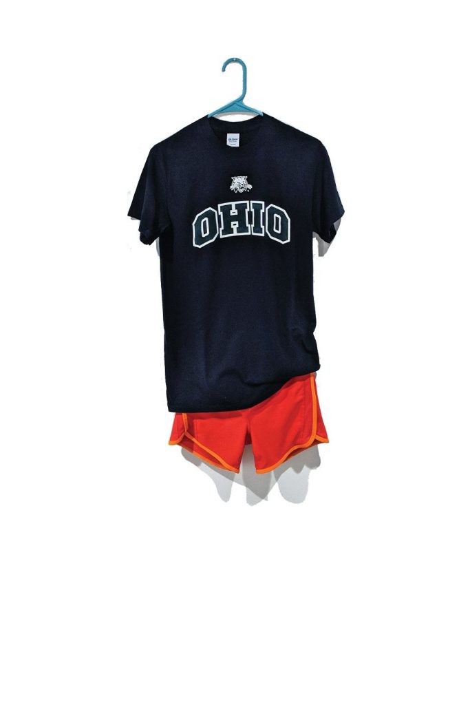 Ohio University black tshirt and athletic shorts